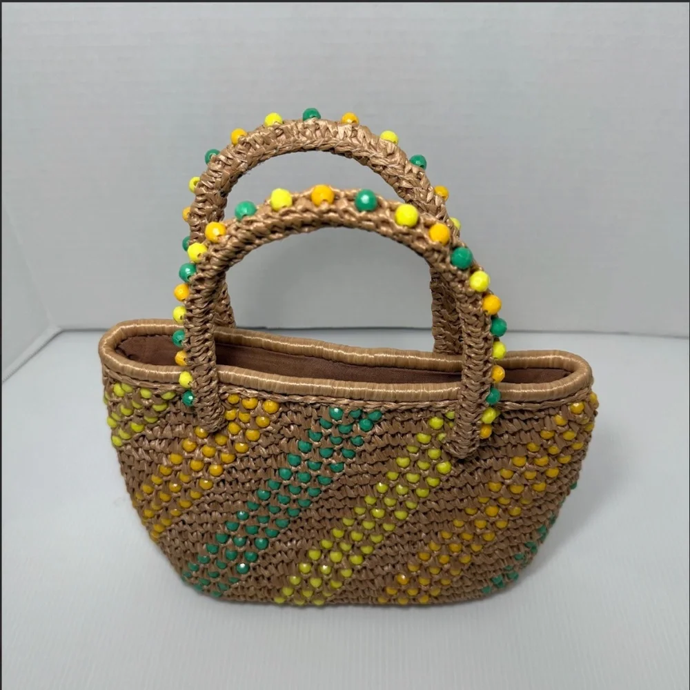 Vintage Macrame Handbag Straw Multicolor Beaded Purse Unique Made In Japan NIB - Picture 2 of 8